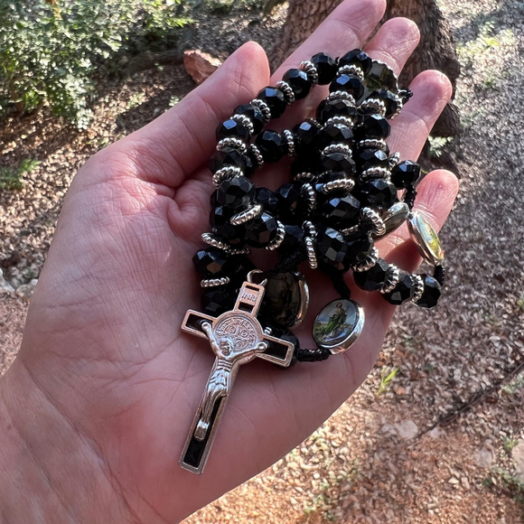 St. Jude Rosary 19” Black Faceted Beads Silver Crucifix Catholic Prayer Beads - Picture 3 of 7